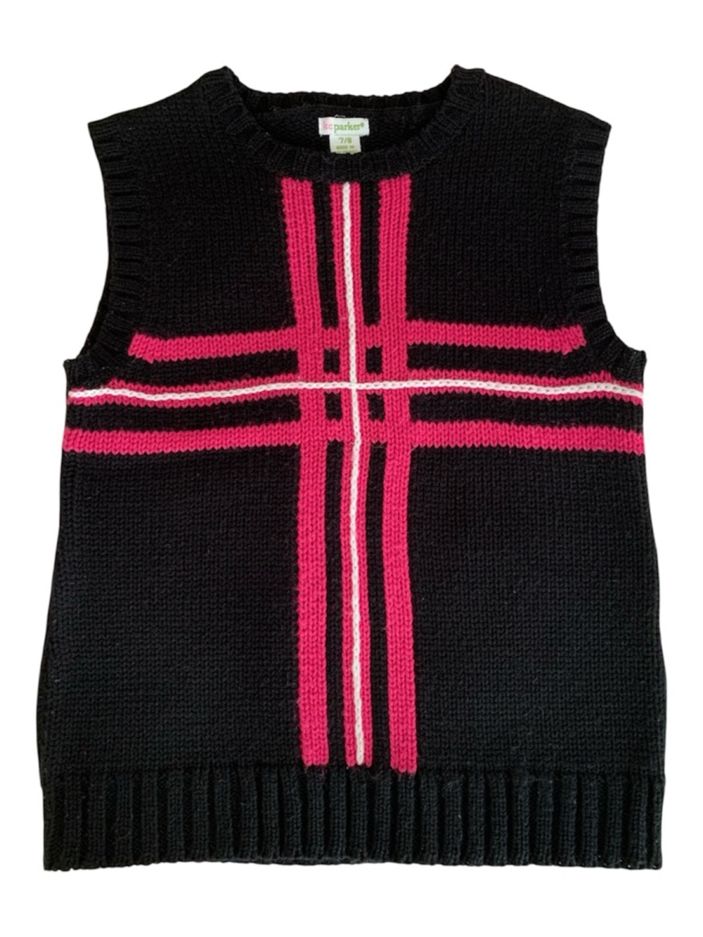 KC Parker Sweater Vest Girls Size 7/8 Black Pink Knit Crewneck Pullover